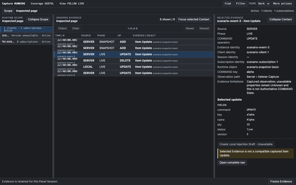 Lightstreamer Workbench showing Runtime Scope, Ordered Evidence, and selected Evidence Context in one DevTools workspace.