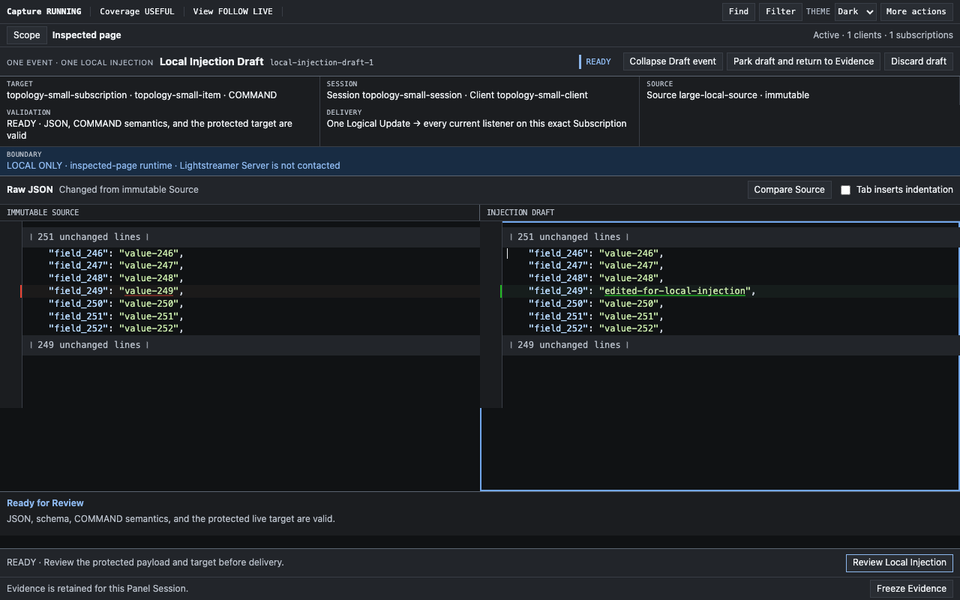 Protected Local Injection Draft with raw JSON editing, validation, and Source comparison.