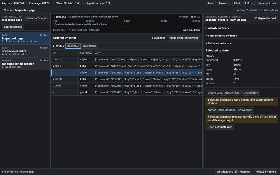 Workbench panel with Runtime Scope on the left, Ordered Evidence in the center, and Context on the right.